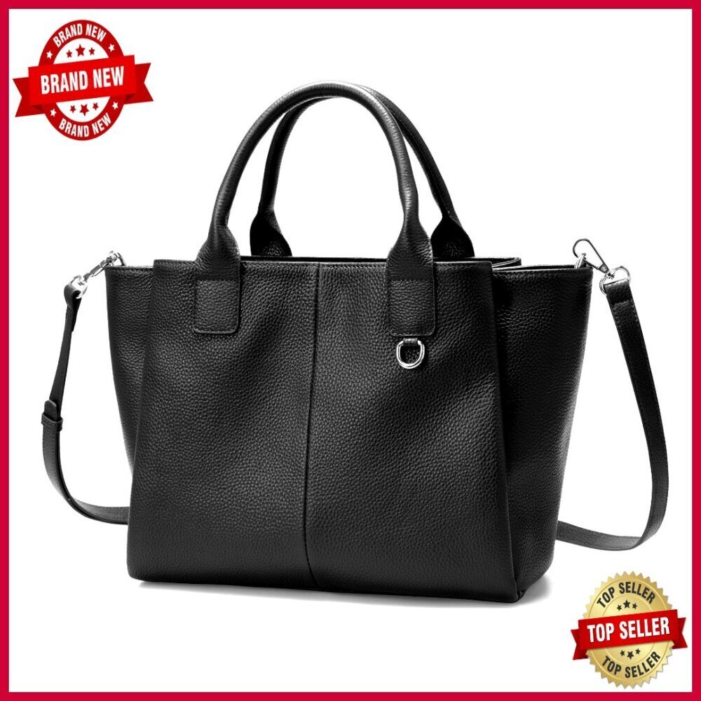 Genuine Leather Satchel Tote with Triple Pockets, Adjustable Crossbody Strap